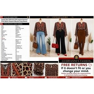 Sweet Rain Womains Mleopard animal print boho peasant blouse long sleeve